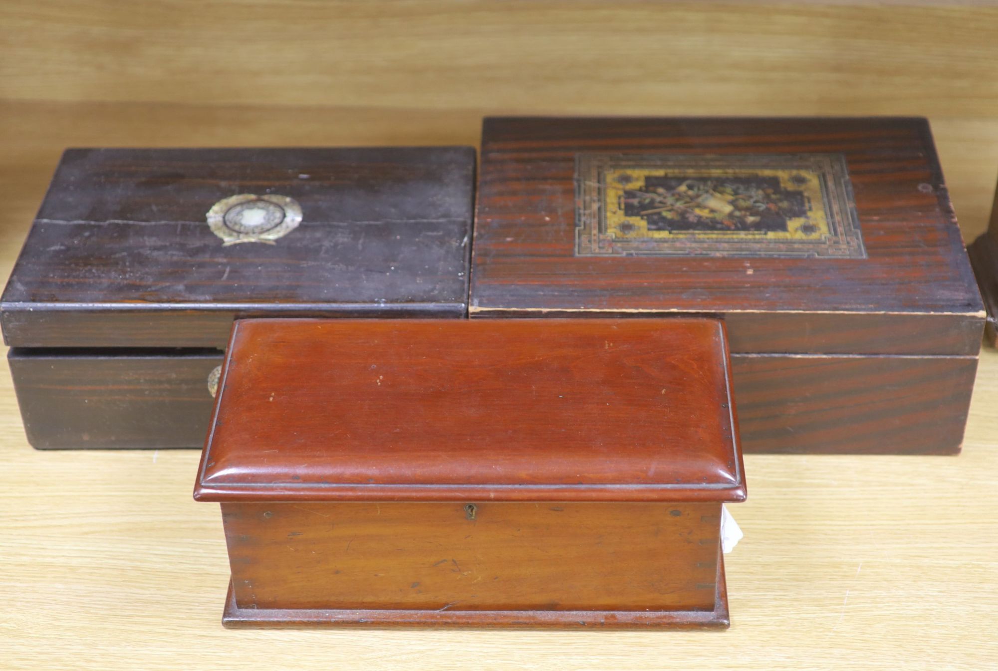 Two 19th century boxes and a Victorian coromandel writing slope, 35cm